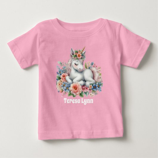 かわいい女の子のファンタジーユニコーン追加の名前 ベビーTシャツ (正面)