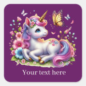 かわいい女の子のファンタジーユニコーン追加文字 スクエアシール (正面)
