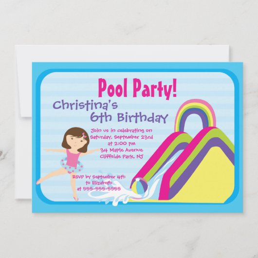 かわいい女の子のプールを囲んでのパーティのバースデーパーティ招待状 招待状 (正面)
