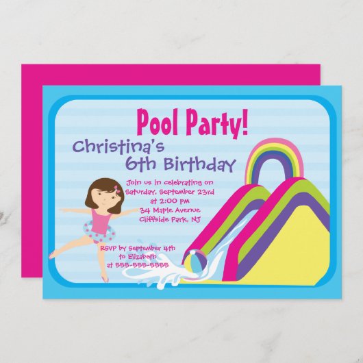 かわいい女の子のプールを囲んでのパーティのバースデーパーティ招待状 招待状 (正面/裏面)