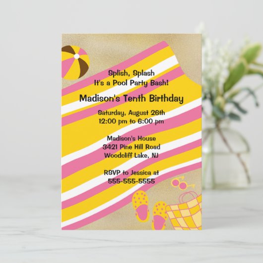 かわいい女の子のプールを囲んでのパーティの誕生日の招待状 招待状 (スタンド正面)