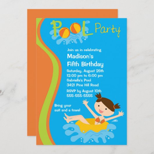 かわいい女の子のプールを囲んでのパーティの誕生日の招待状 招待状 (正面/裏面)