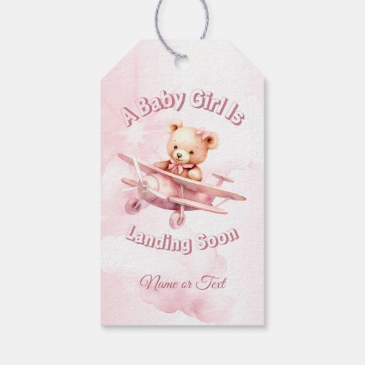 かわいい女の子のベビークマパイロットピンク飛行機の美しい ギフトタグ (裏面)