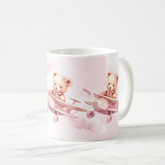 かわいい女の子のベビークマパイロットピンク飛行機の美しい コーヒーマグカップ (正面右)