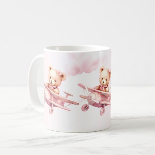 かわいい女の子のベビークマパイロットピンク飛行機の美しい コーヒーマグカップ (正面左)