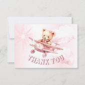 かわいい女の子のベビークマパイロットピンク飛行機の美しい サンキューカード (正面)