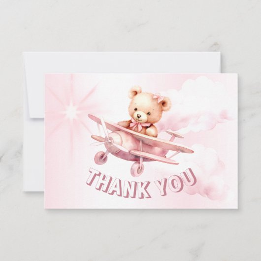 かわいい女の子のベビークマパイロットピンク飛行機の美しい サンキューカード (正面)