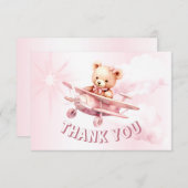 かわいい女の子のベビークマパイロットピンク飛行機の美しい サンキューカード (正面/裏面)