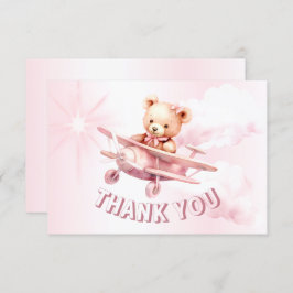 かわいい女の子のベビークマパイロットピンク飛行機の美しい サンキューカード
