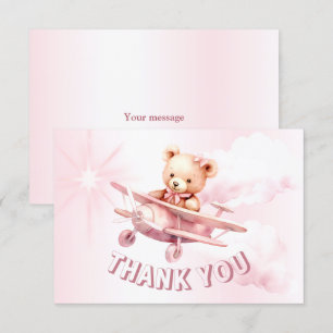 かわいい女の子のベビークマパイロットピンク飛行機の美しい サンキューカード