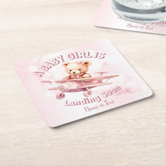 かわいい女の子のベビークマパイロットピンク飛行機の美しい スクエアペーパーコースター (アングル)