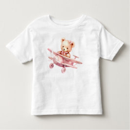 かわいい女の子のベビークマパイロットピンク飛行機の美しい トドラーTシャツ