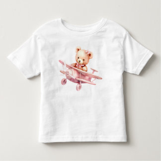 かわいい女の子のベビークマパイロットピンク飛行機の美しい トドラーTシャツ