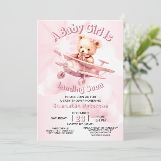 かわいい女の子のベビークマパイロットピンク飛行機の美しい 招待状 (スタンド正面)