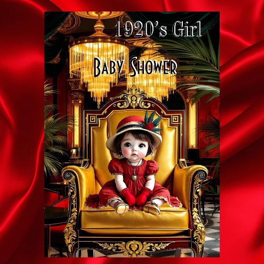 かわいい女の子のベビーシャワー 1920年代 赤 アールデコ 招待状