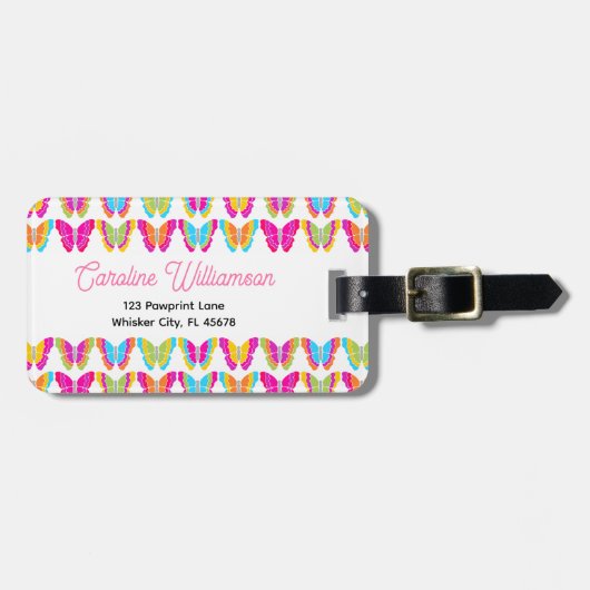 かわいい女の子のマルチカラーレインボー蝶の名前 ラゲッジタグ (正面横)