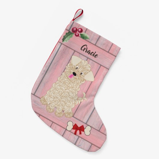 かわいい女の子のマルチプー ピンクの木製フェンス モノグラム スモールクリスマスストッキング (正面 (吊り時))