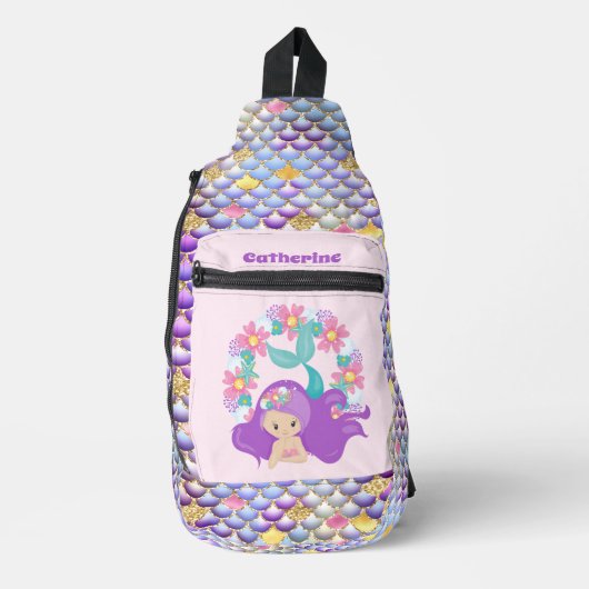 かわいい女の子のマーメイドファンタジーの名前を追加 スリングバッグ (正面)