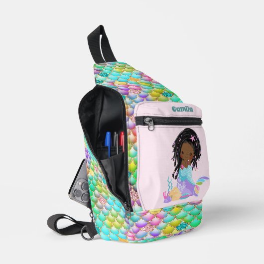 かわいい女の子のマーメイドファンタジーの名前を追加 スリングバッグ (見開き)