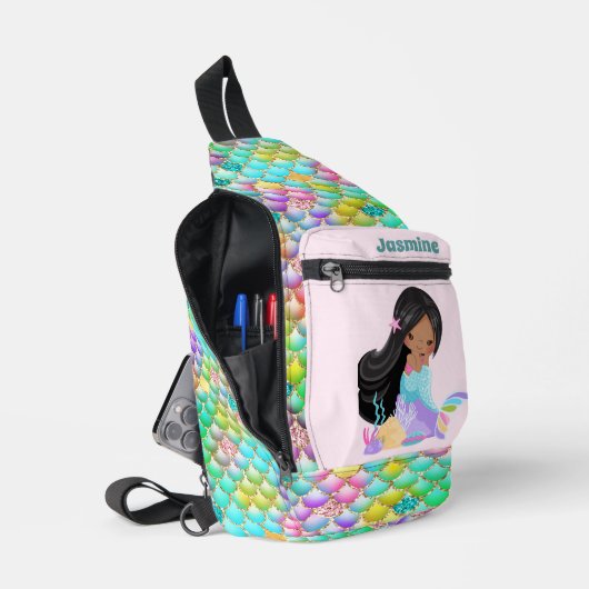 かわいい女の子のマーメイドファンタジーの名前を追加 スリングバッグ (見開き)