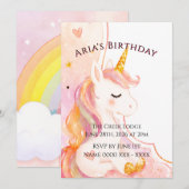かわいい女の子のユニコーンの誕生日招待状 招待状 (正面/裏面)