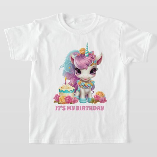 かわいい女の子のユニコーン誕生日パーティー Tシャツ (レイダウン)