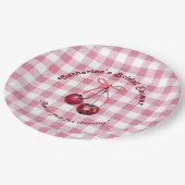 かわいい女の子のリボン チェリー ピンク ギンガム プラッド 名前 ペーパープレート (アングル)