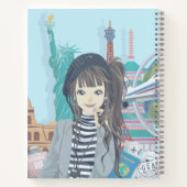 かわいい女の子の世界旅図解入りの、写真付きの行パーソナライズされた ノートブック (裏面)