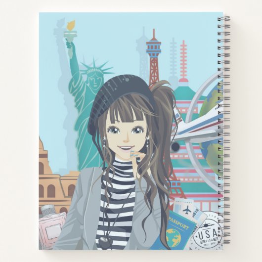 かわいい女の子の世界旅図解入りの、写真付きの行パーソナライズされた ノートブック (裏面)