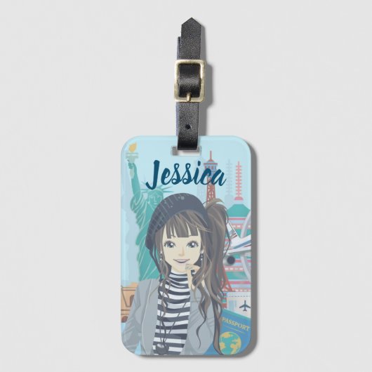 かわいい女の子の世界旅図解入りの、写真付きの行 ラゲッジタグ (正面縦)