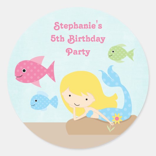 かわいい女の子の人魚の誕生日パーティーのシール ラウンドシール (正面)