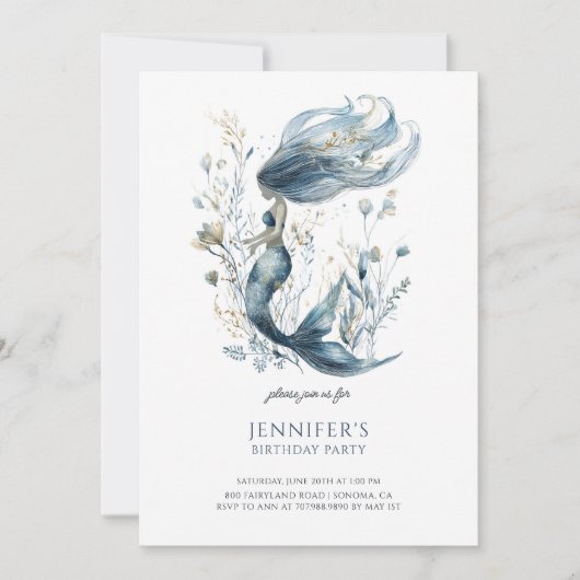 かわいい女の子の人魚の誕生日パーティーの招待状 招待状 (正面)