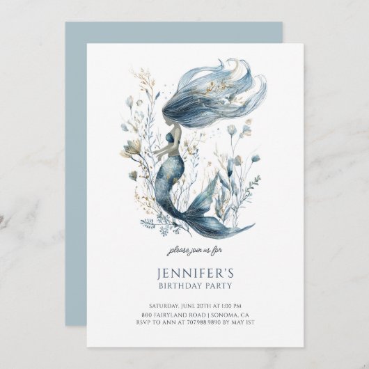 かわいい女の子の人魚の誕生日パーティーの招待状 招待状 (正面/裏面)
