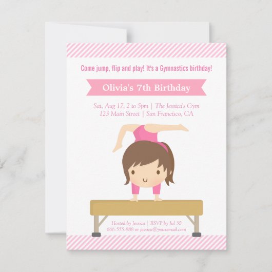 かわいい女の子の体操キッズの誕生日パーティー 招待状 (正面)
