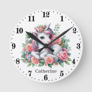 かわいい女の子の子供部屋ユニコーン ラウンド壁時計