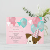 かわいい女の子の子犬の誕生日パーティーピンクのティール（緑がかった色）バルーン 招待状 (スタンド正面)