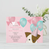 かわいい女の子の子犬の誕生日パーティーピンクのティール(緑がかった色)バルーン 招待状 (スタンド正面)