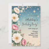 かわいい女の子の宇宙と花をテーマにした誕生日パーティー 招待状 (正面)