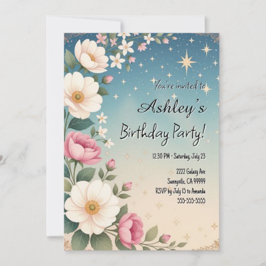 かわいい女の子の宇宙と花をテーマにした誕生日パーティー 招待状 (正面)