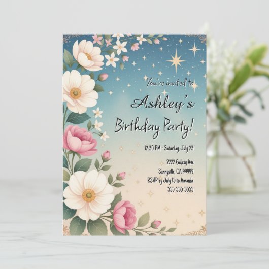 かわいい女の子の宇宙と花をテーマにした誕生日パーティー 招待状 (スタンド正面)