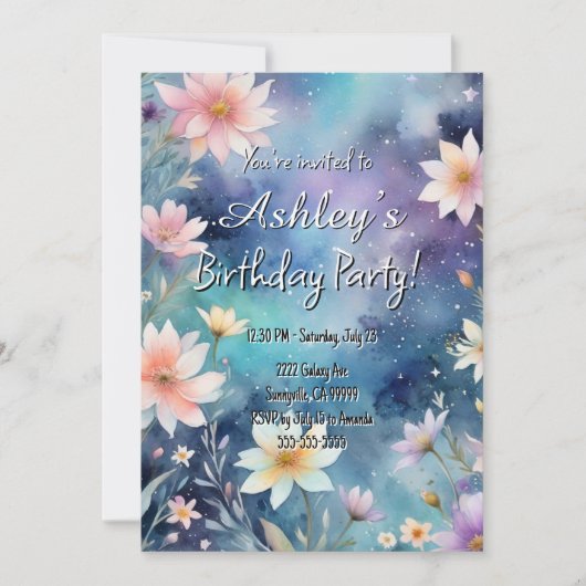 かわいい女の子の宇宙と花をテーマにした誕生日パーティー 招待状 (正面)