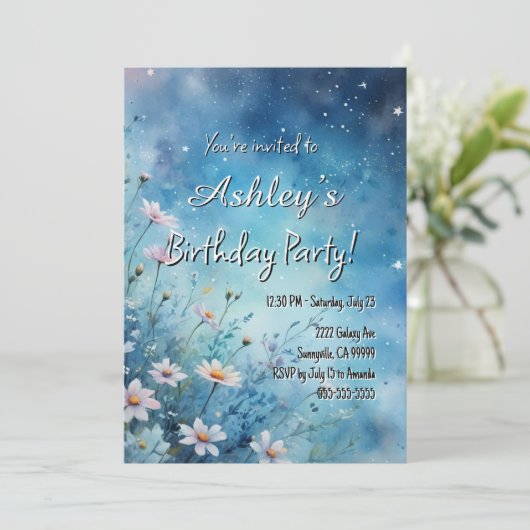 かわいい女の子の宇宙と花をテーマにした誕生日パーティー 招待状 (スタンド正面)
