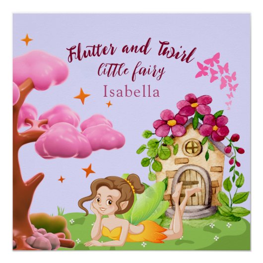 かわいい女の子の小さいおとぎ話キノコ蝶 ポスター (正面)