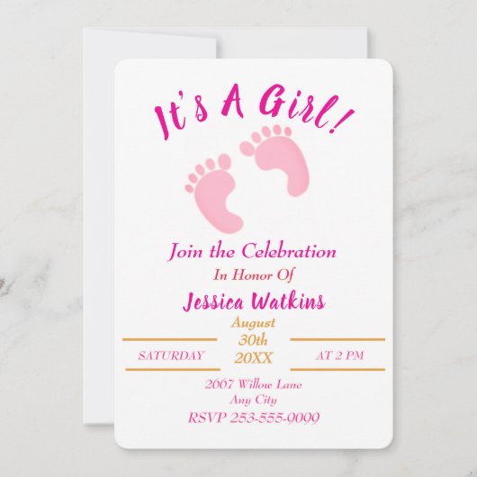 かわいい女の子の小さなピンクの足赤ちゃんシャワー 招待状 (正面)