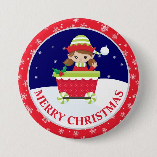 かわいい女の子の小妖精や小人と雪のシーンのクリスマス 缶バッジ (正面)