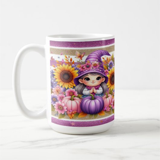 かわいい女の子の帽子と花カラフル付きカボチャ コーヒーマグカップ (左)