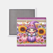 かわいい女の子の帽子と花カラフル付きカボチャ マグネット (正面/裏面)