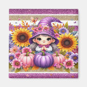 かわいい女の子の帽子と花カラフル付きカボチャ マグネット (正面)
