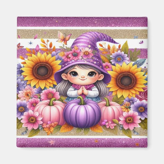 かわいい女の子の帽子と花カラフル付きカボチャ マグネット (正面)