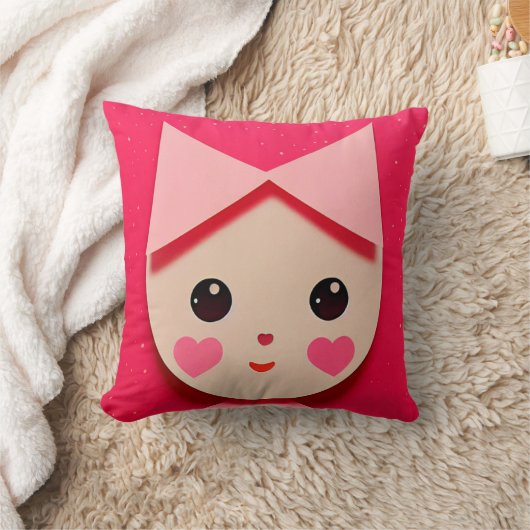 かわいい女の子の弓と可愛いハート顔 クッション (ブランケット)